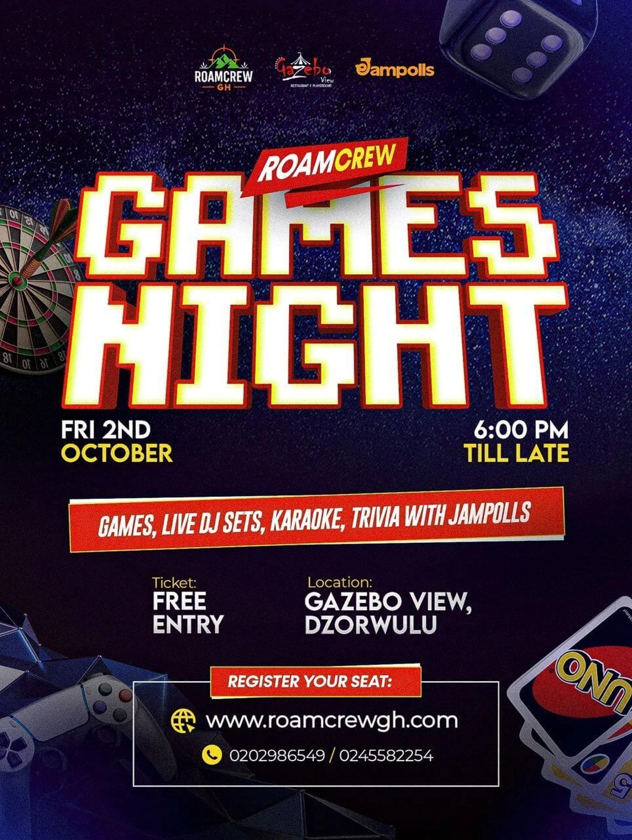 RoamCrew Games Night flyer